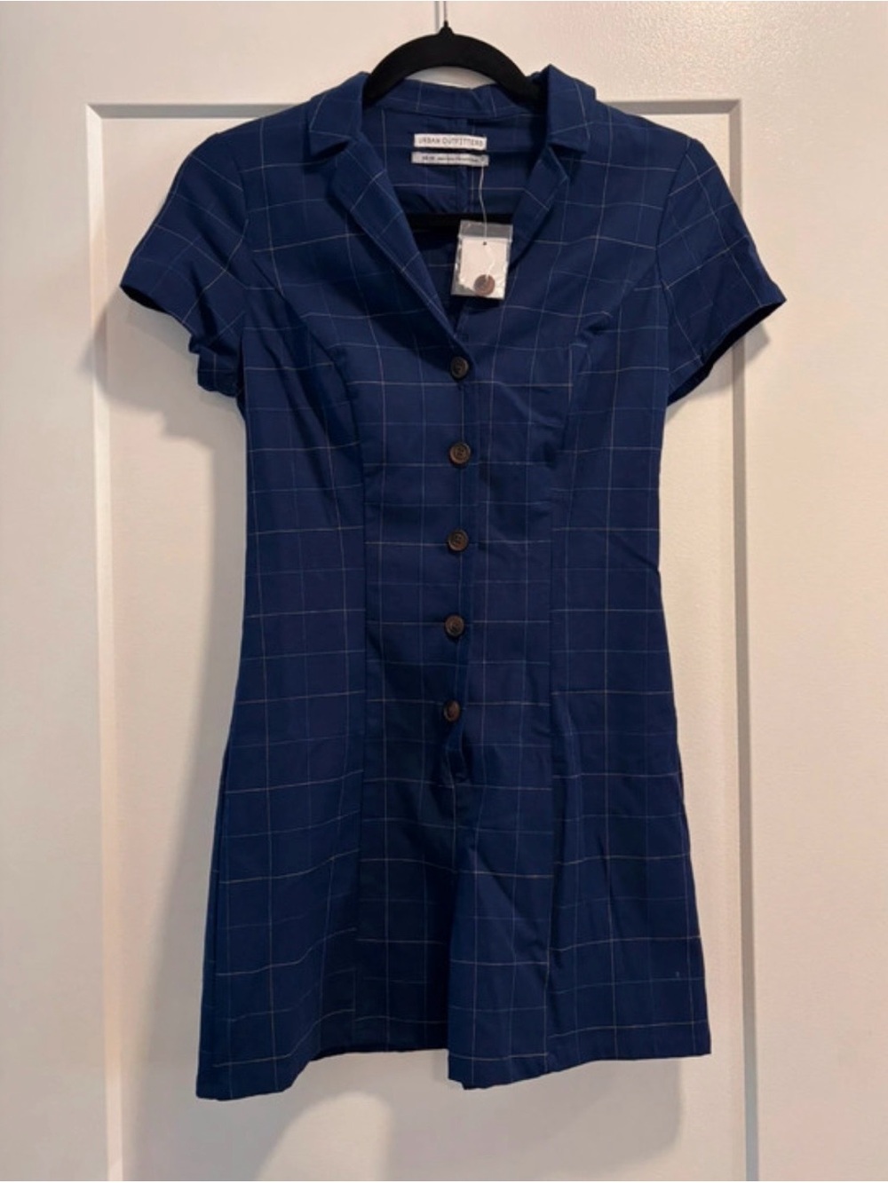 Urban Outfitters Navy Windowpane Button-Front Romper